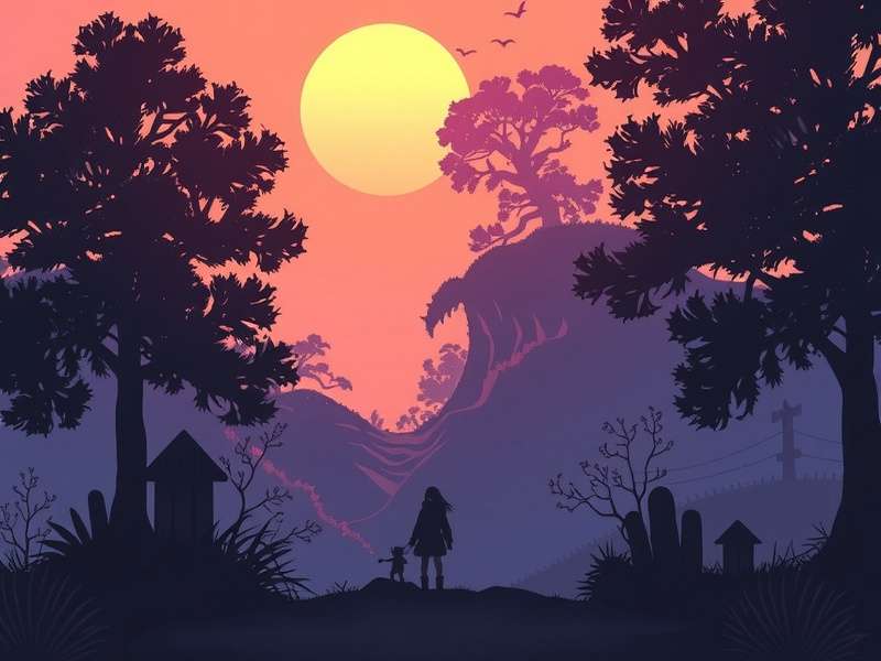 Concept art mashup showing a dark forest path blending into a Ghibli-style sky with floating castles