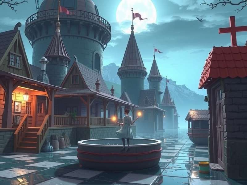 Alice standing before a glowing magical portal in Wonderland, the Fantasy Portal Experience gateway.