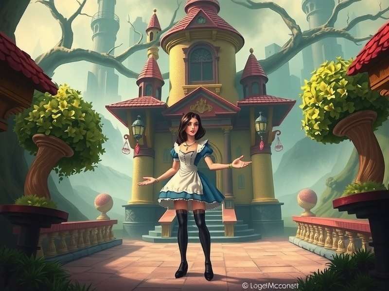 American McGee Alice gameplay screenshot showing Alice in a twisted garden