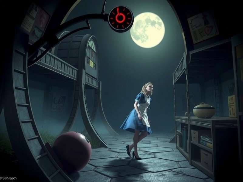Alice facing a monstrous enemy in a distorted Wonderland