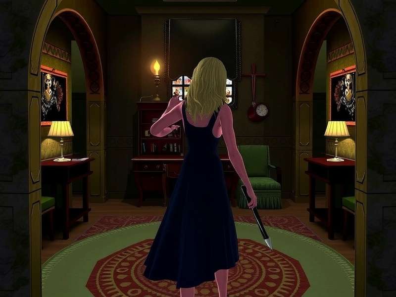 Resident Evil Alice character facing zombie horde in dark mansion
