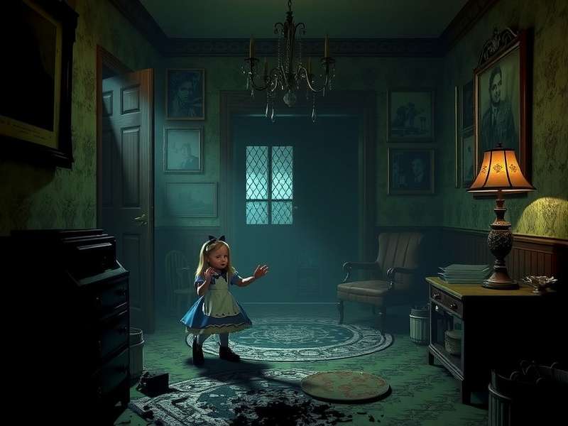 Dark, twisted Alice in Wonderland aesthetic with a glowing knife and roses