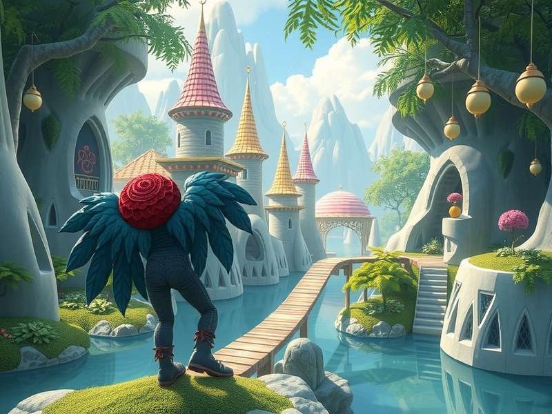 A surreal digital art landscape representing the twisted wonderland of Alice games, with dark forests and glowing mushrooms