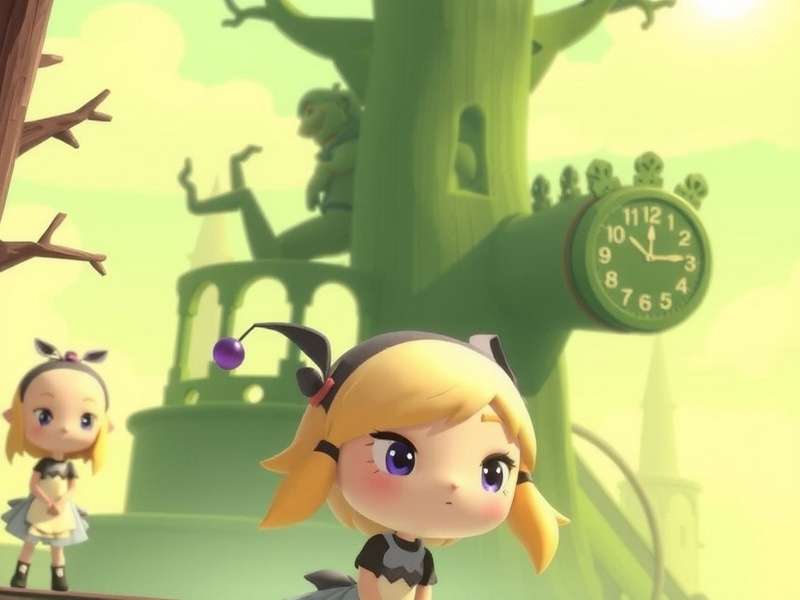 Alice standing defiantly in a distorted Wonderland forest, Vorpal Blade in hand, with the Cheshire Cat's grin visible in the shadows