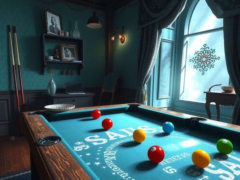 Concept art of a surreal, reflective pool with floating objects reminiscent of Wonderland