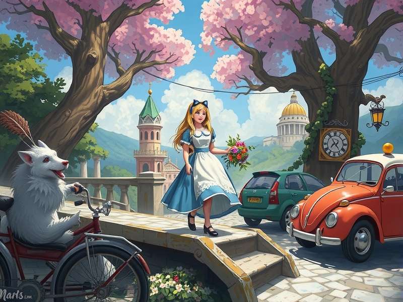 Artistic depiction of a dark, twisted Wonderland with cards and a silhouette of Alice