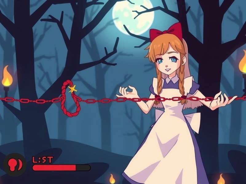 Alice facing monstrous creature in dark Wonderland forest