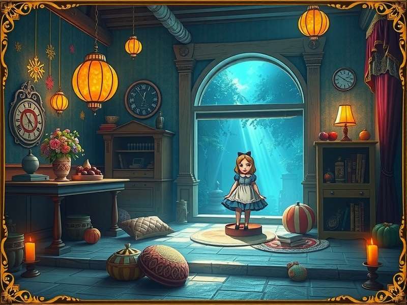 Alice Game 2024 cover art featuring Alice in a neon-lit Wonderland with Indian architectural motifs