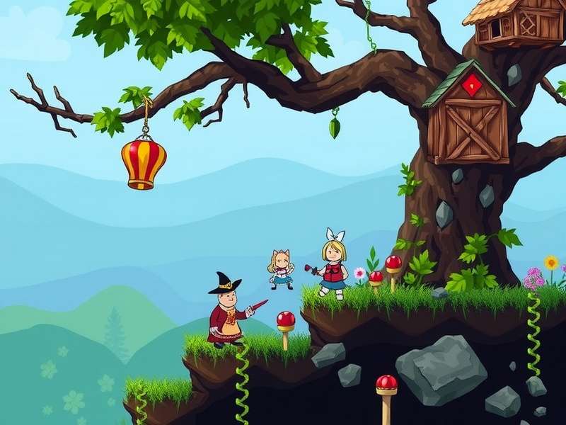 Alice Game Rpg Maker — protagonist standing in a mystical forest with glowing flora and a pocket watch floating mid-air
