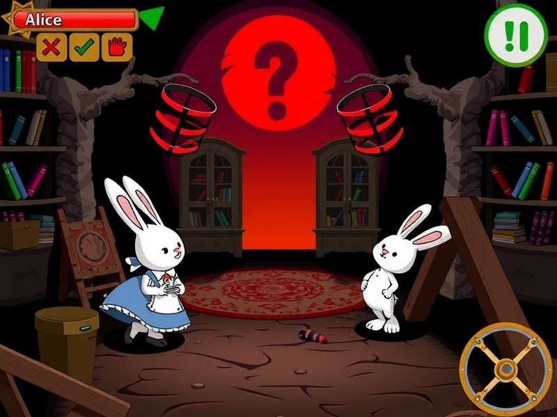 Alice standing in the dark Wonderland with the White Rabbit's pocket watch glowing faintly in the foreground